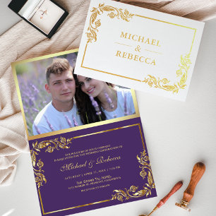 Convite de Casamento Roxo Floral em Folha de Ouro