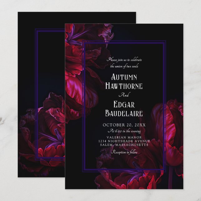 Convite de Casamento Roxo Floral Gótico Moody (Frente/Verso)