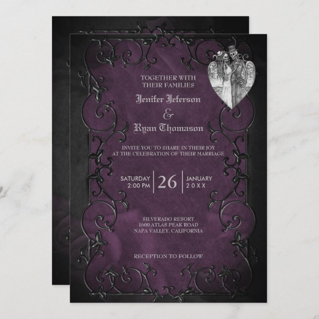 Convite de casamento roxo gótico elegante de hallo (Frente/Verso)