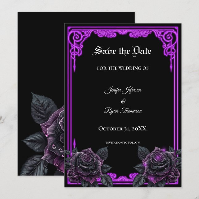 Convite de casamento roxo mágico com brilho gótico (Frente/Verso)