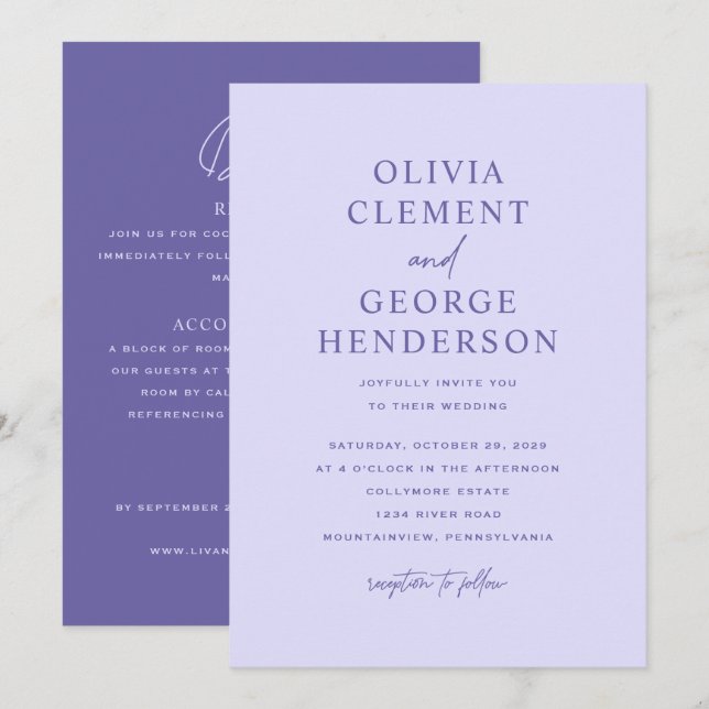 Convite de Casamento Roxo Minimalista Dupla Face (Frente/Verso)