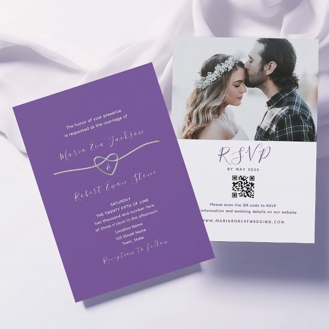 Convite de Casamento Roxo Moderno com Código QR (Criador carregado)