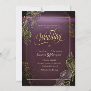 Convite de Casamento Roxo Moldura Flores Elegantes