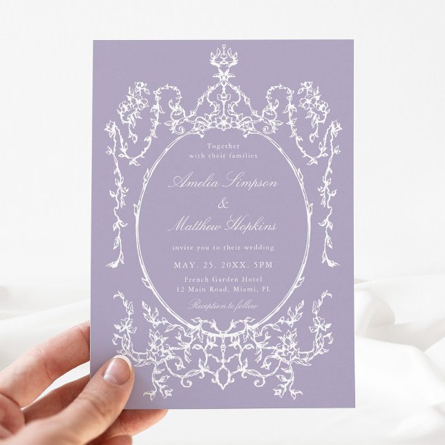 Convite de casamento roxo moldura francesa românti (Criador carregado)