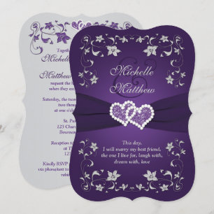 convite de casamento   Roxo, Prata, Floral, Coraç