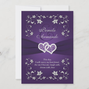 Convite de casamento Roxo, Prata, Floral, Coraçõ