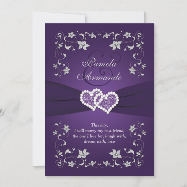 Convite de casamento | Roxo, Prata, Floral, Coraçõ (Frente)