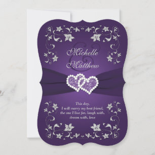 convite de casamento   Roxo, Prata, Floral, Coraçõ