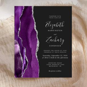Convite de casamento roxo prateado ágata escuro or