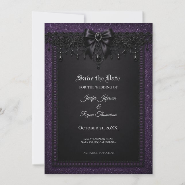 Convite de casamento roxo preto com renda gótica p (Frente)