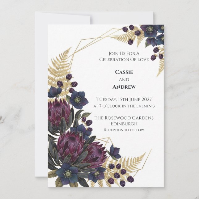 Convite de Casamento Roxo Protea Amora (Frente)