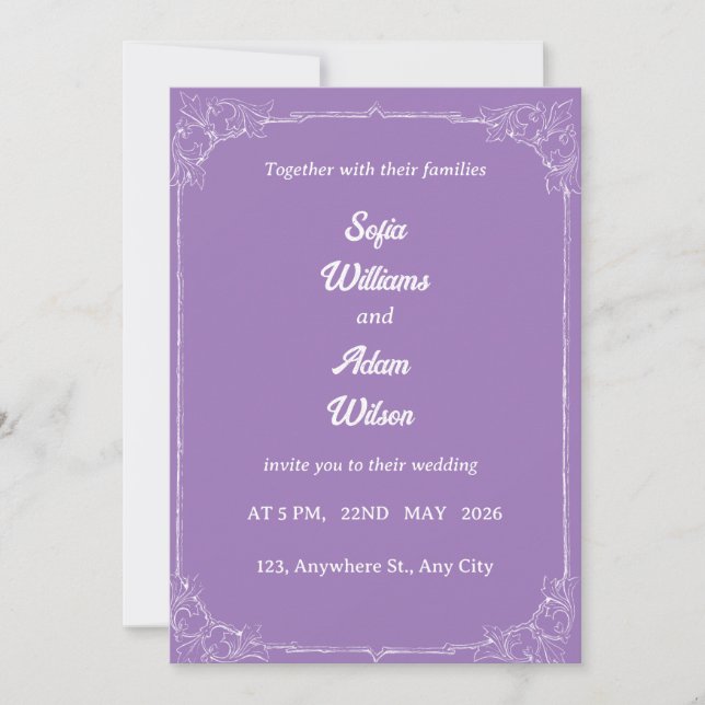 Convite de Casamento Roxo Real e Branco com Filigr (Frente)