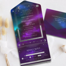 Convite de Casamento Roxo Turquesa Prateado Sol Lu