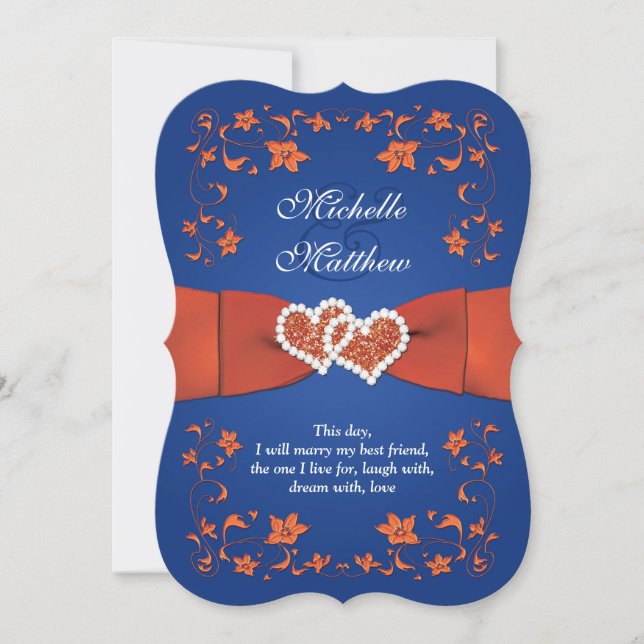 Convite de casamento | Royal Blue Orange, Floral,  (Frente)