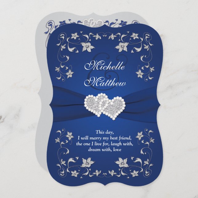 convite de casamento | Royal Blue Silver, Floral,  (Frente/Verso)