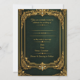 Convite de Casamento Royal Dourado Verde Esmeralda