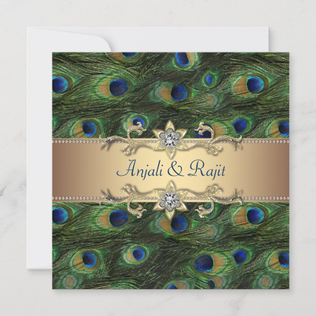 Convite de Casamento Royal Indian Peacock Verde Es (Frente)