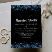 Convite de Casamento Royal Navy Azul Floral Nuestr