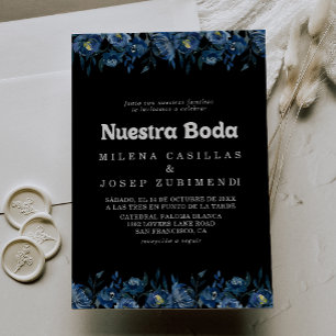 Convite de Casamento Royal Navy Azul Floral Nuestr