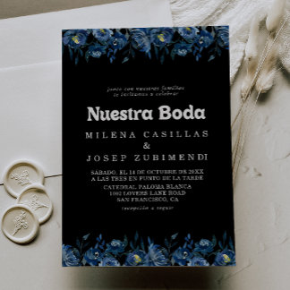 Convite de Casamento Royal Navy Azul Floral Nuestr