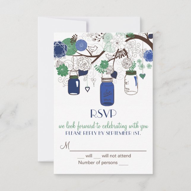 Convite de Casamento RSVP em Potes de Mason Azul e (Frente)