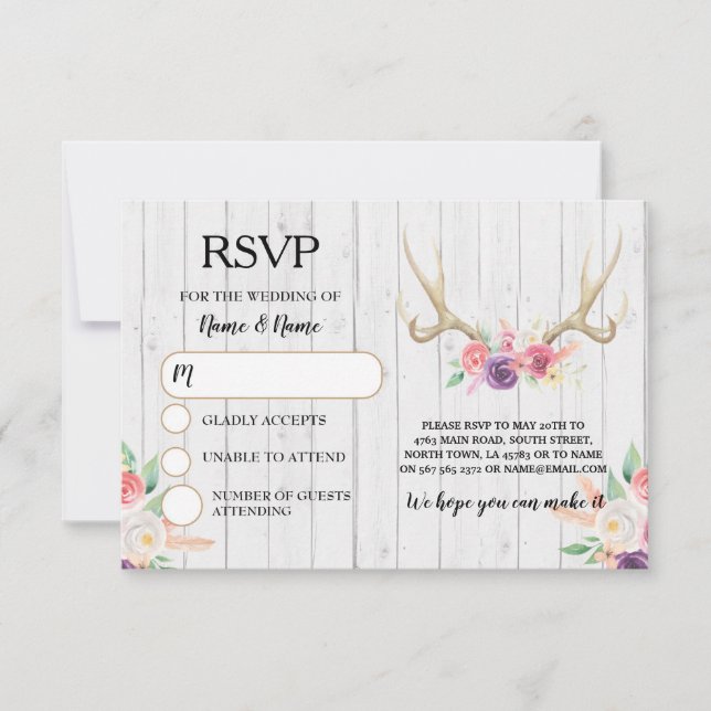 Convite de Casamento RSVP Rustico com Chifres de C (Frente)