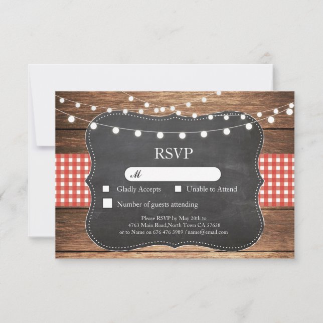 Convite de Casamento RSVP Vermelho Xadrez Madeira  (Frente)