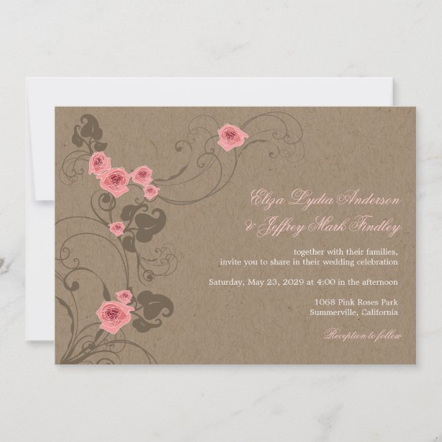 Convite de casamento Russo Kraft Floral Chic Roses (Frente)