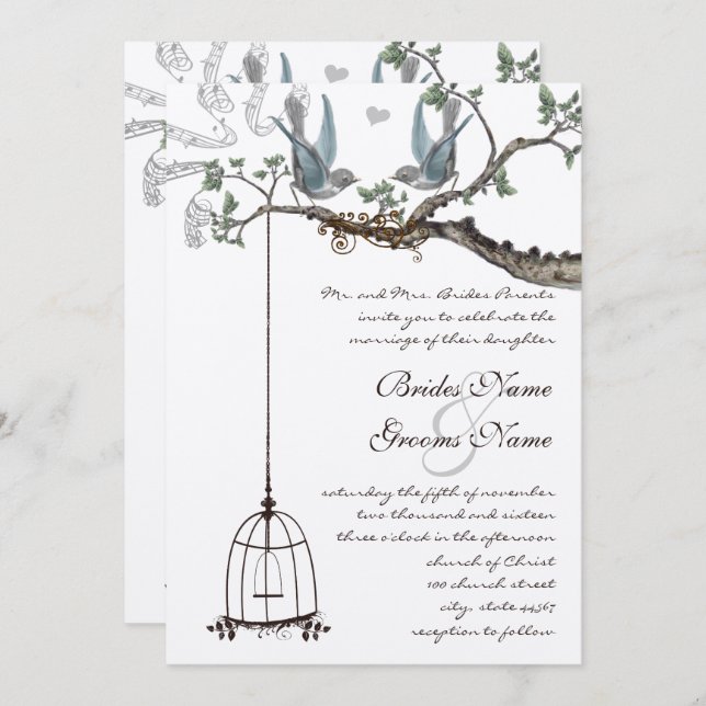 Convite de casamento Rustic Bluebird Birdcage (Frente/Verso)