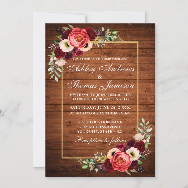 Convite de casamento Rustic Burgundy Floral Wood B (Frente)