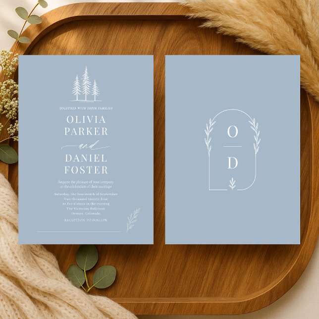 Convite de Casamento Rustic Forest Dusty Blue Line (Criador carregado)