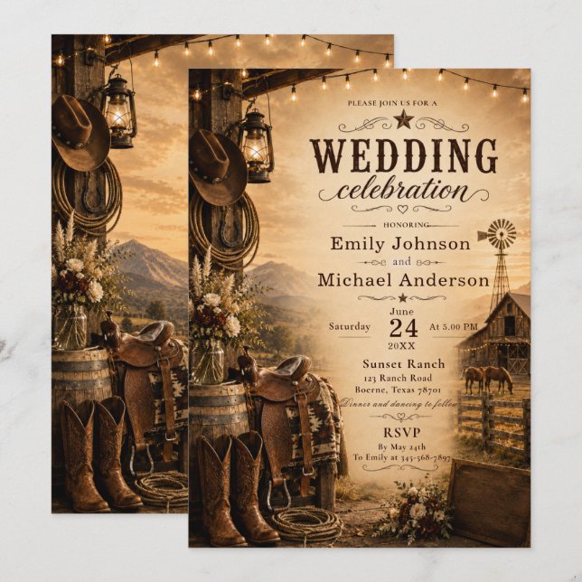 Convite de Casamento Rustic Ranch (Frente/Verso)