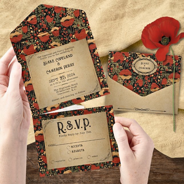Convite de Casamento Rustic Red Poppies Wood All i (Criador carregado)