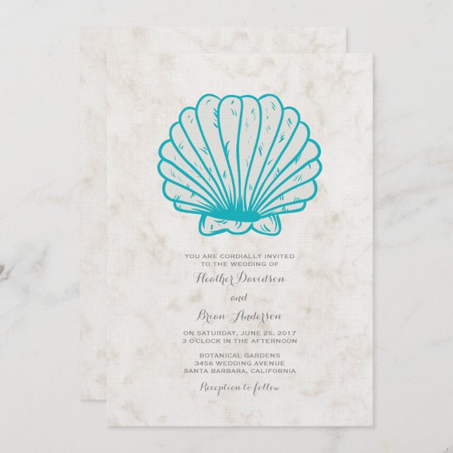 Convite de casamento Rustic Seashell Turquoise (Frente/Verso)