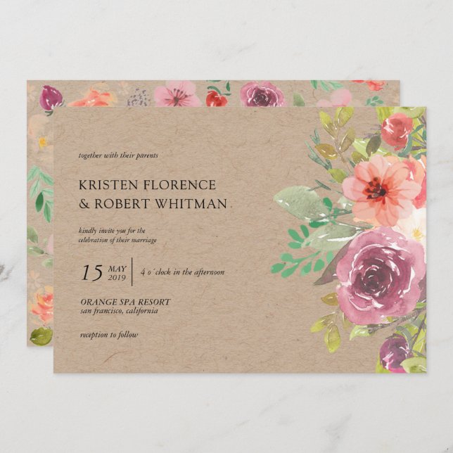 Convite De Casamento Rustic Summer Floral Kraft (Frente/Verso)