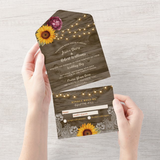 Convite de casamento Rustic Sunflower Peony All-in (Aba destacável)