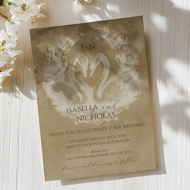 Convite de casamento Rustic Swan Monograma (Romantic Wedding Invite)