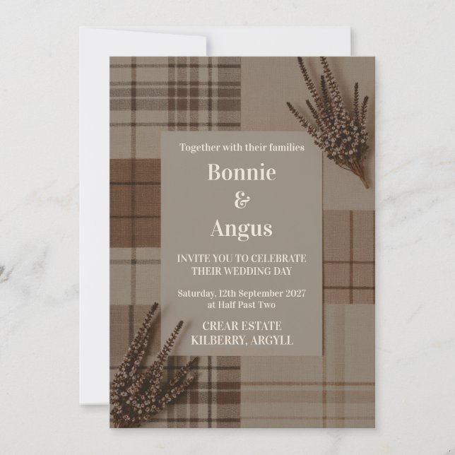 Convite de Casamento Rustic Tartan Plaid Heather | (Frente)