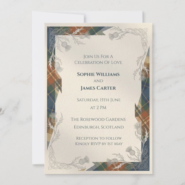 Convite de Casamento Rustic Tartan Thistle (Frente)