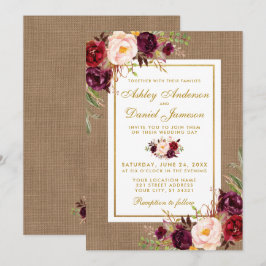 Convite de casamento Rustic Weds Burlap Burgundy