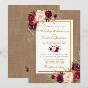 Convite de casamento Rustic Weds Burlap Burgundy