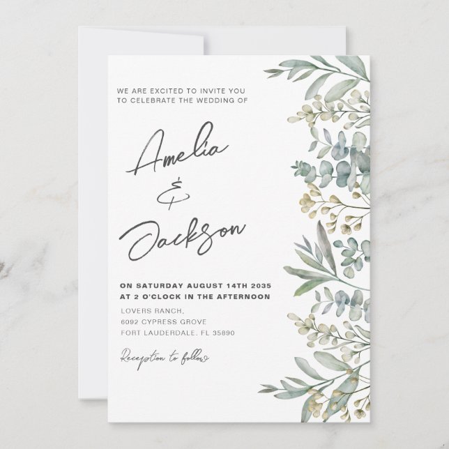Convite de Casamento Rústico Aquarela Eucalipto Fo (Frente)