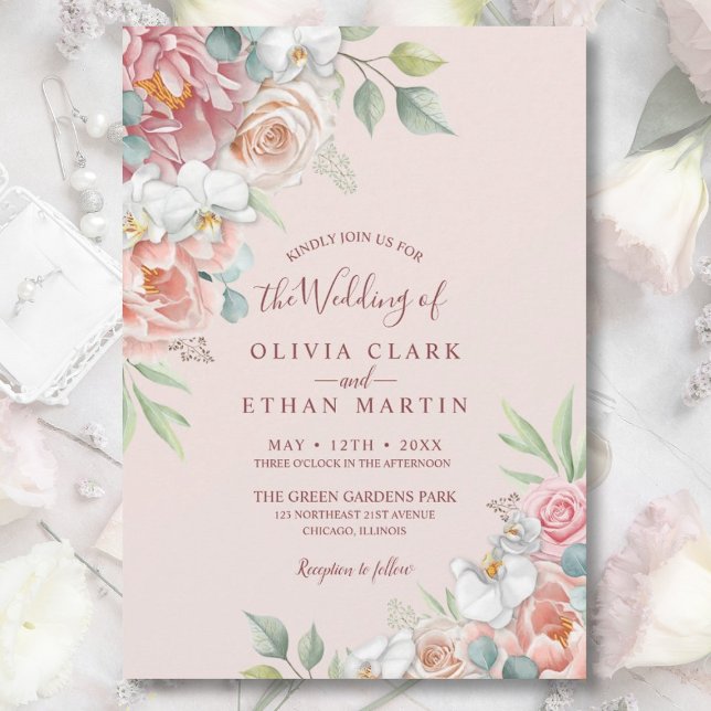 Convite de Casamento Rústico Boho Rosa com Flores (Criador carregado)