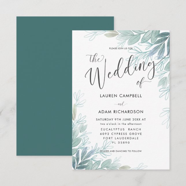 Convite de Casamento Rustico Botânico em Verde Sag (Frente/Verso)