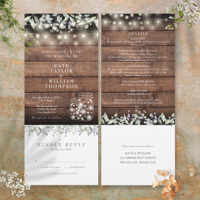Convite de Casamento Rustico com Jarras de Mason T (Rustic Foliage Mason Jars All In One Wedding Invitation)