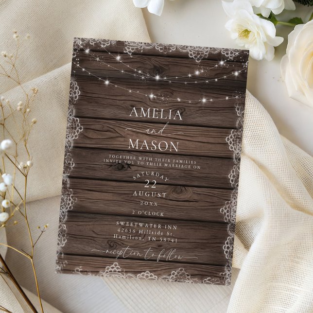 Convite de Casamento Rústico com Luzes de Corda de (Wood & Lace String Light Rustic Wedding Invitation)
