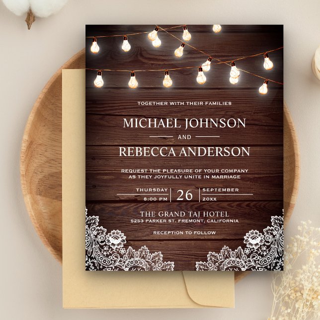 Convite de Casamento Rústico com Luzes de Renda de (Criador carregado)