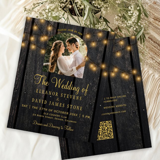 Convite de casamento rústico de madeira com QR pho (Criador carregado)