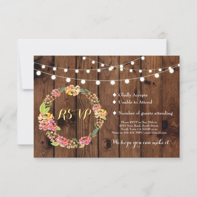 Convite de Casamento Rústico de Madeira Floral Tik (Frente)