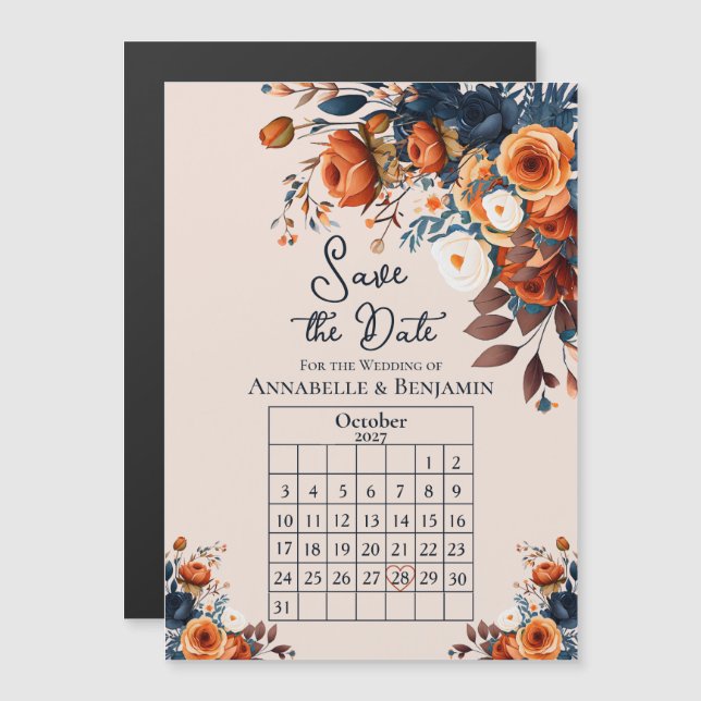 Convite de Casamento Rústico Laranja Queimada e Az (Frente/Verso)